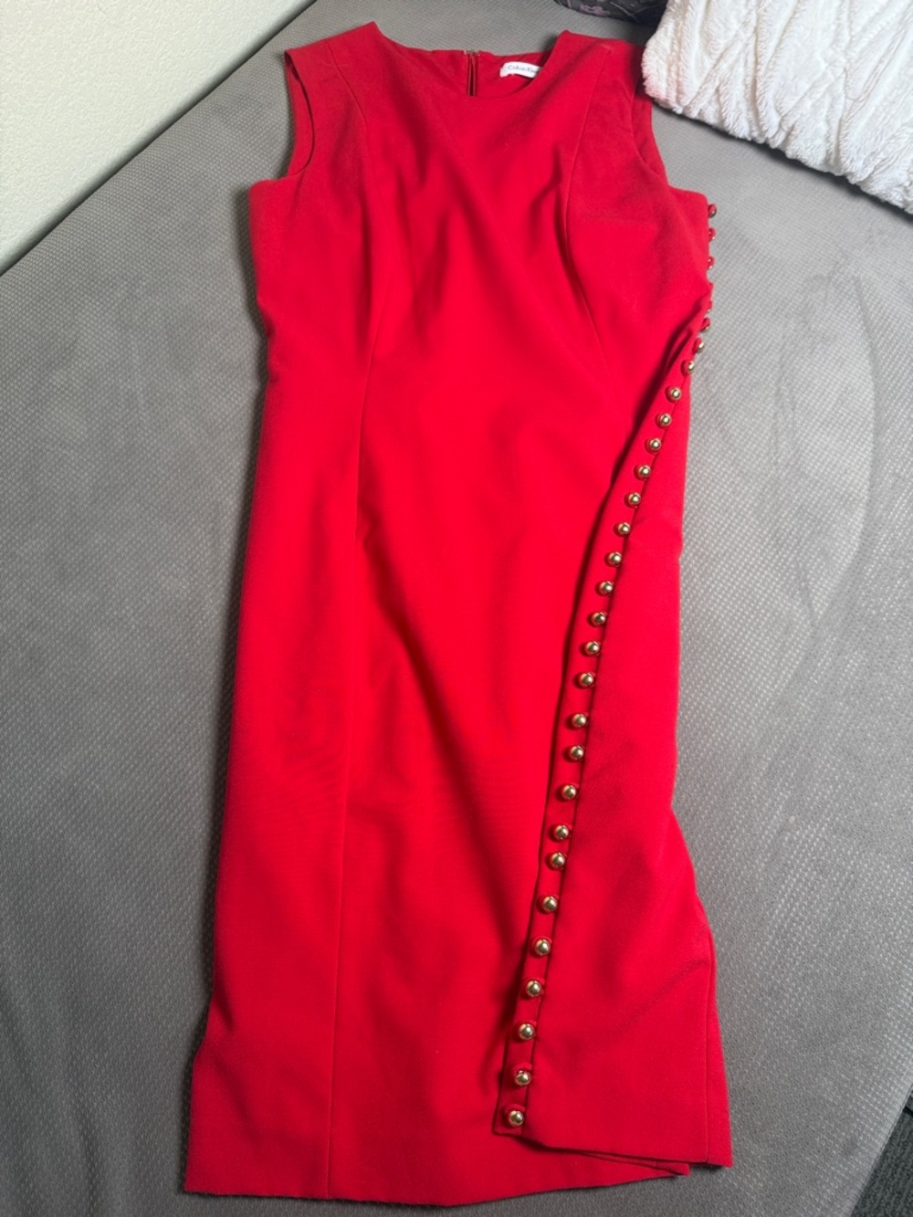 Calvin Klein Red Professional Dress with Gold Button Trim